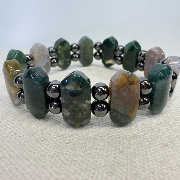 Moss Agate Stone Bracelet with Hematite‎ Beads Gemstone Jewelry - Picture 1 of 7